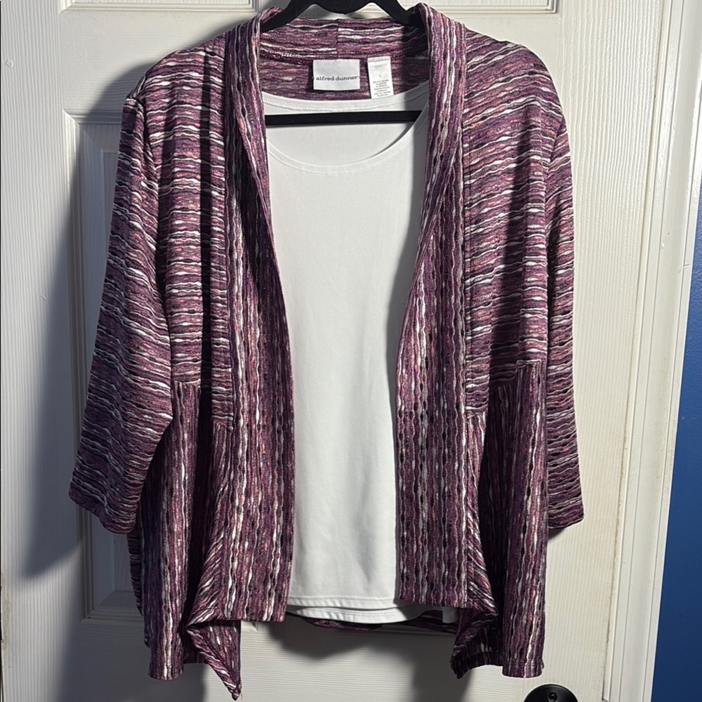 Alfred Dunner 2 Piece Purple Pink Cardigan with attached White Tank Top Large
